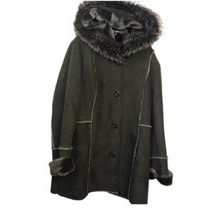 PIZAZZ  Vintage Y2K Faux Fur Shearling Hood Paisley Coat Jacket Cozy Fur Lined L